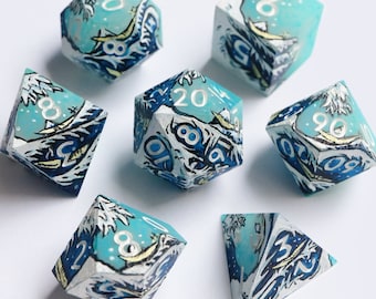 Great Wave dice - hand-painted, handmade resin sharp edge dice set for DnD, D&D, Dungeons and Dragons, RPG dice