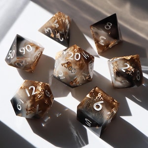 Allured - black and gold handmade resin sharp edge dnd dice set for DnD, D&D, Dungeons and Dragons, RPG dice, gold dice, glitter smoke dice