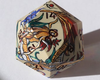 Illuminated Manuscript Chonk D20 - oversized d20, 40mm d20, handpainted handmade resin sharp edge dice set for DnD, Dungeons and Dragons