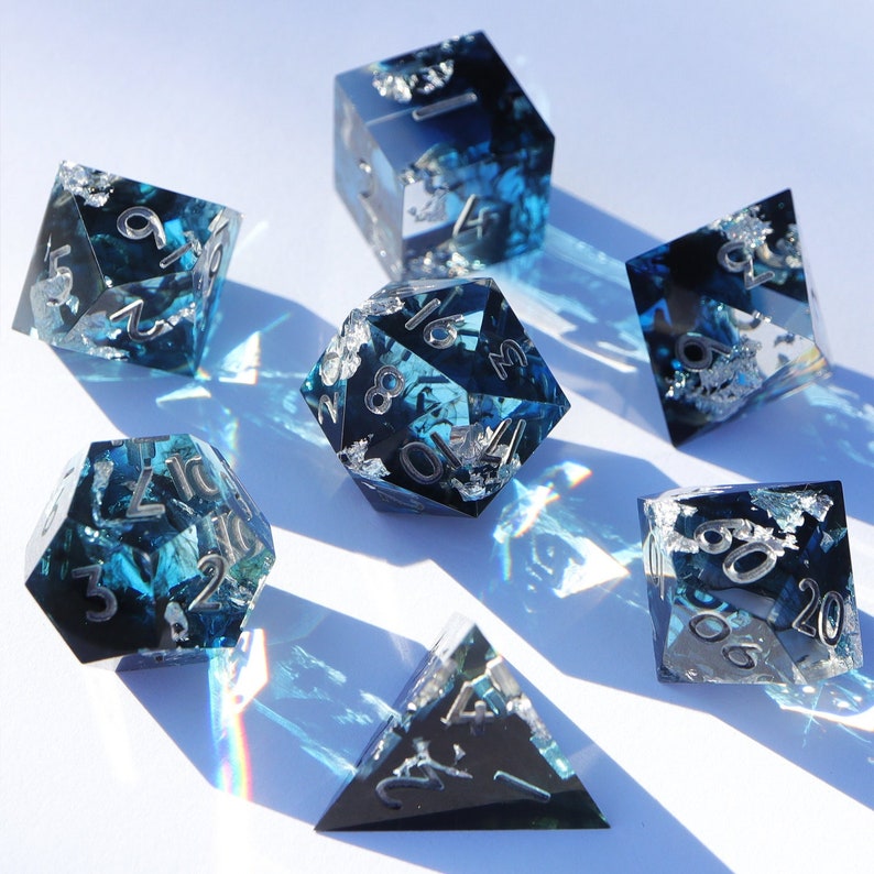 Coldhearted icy blue gradient handmade resin sharp edge dnd dice set for DnD, D&D, Dungeons and Dragons, RPG dice, ice dice image 1