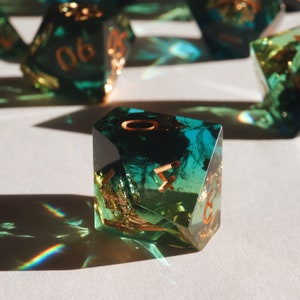 Sublime Blight - green and black smoke handmade resin sharp edge dnd dice set for DnD, D&D, Dungeons and Dragons, RPG dice