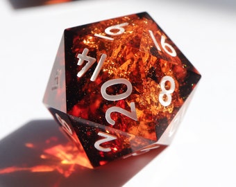 Fireheart Single D20 - fire dice, handmade resin sharp edge dnd dice set for DnD, D&D, Dungeons and Dragons, RPG dice, mage dice