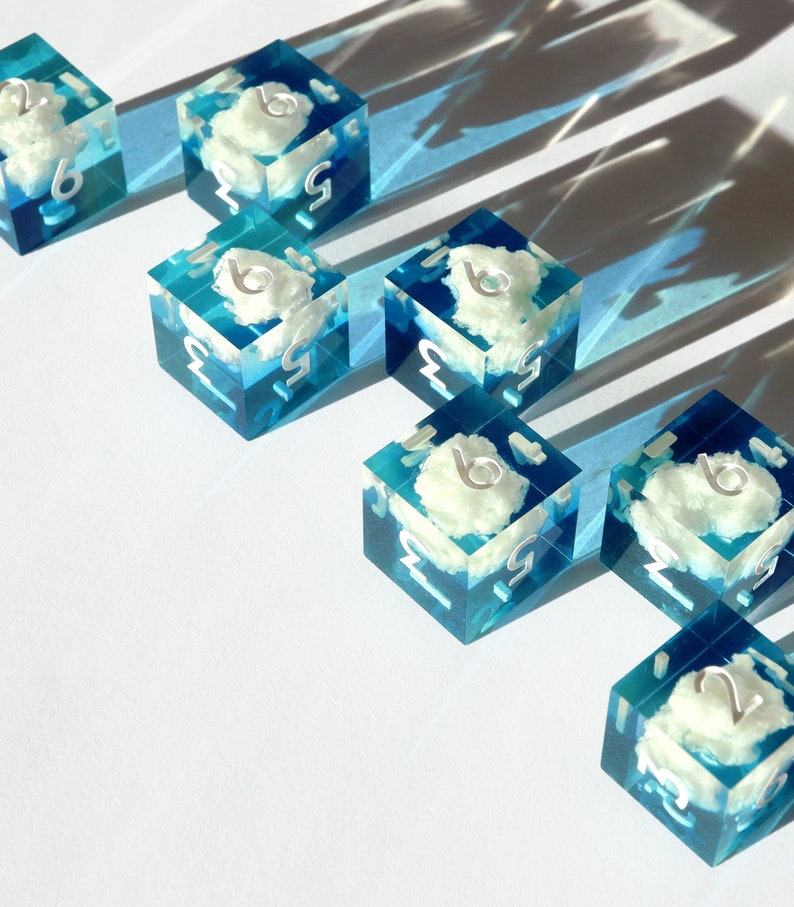 Blue Sky Hymnal 6D6 set - cloud dice, handmade resin sharp edge 6 D6 dice set for DnD, MTG, RPG dice, air elemental dice, D6 set, sky dice image 1