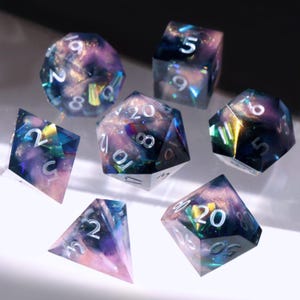 Nebula Rosa - glittery handmade resin sharp edge dice set for DnD, D&D, Dungeons and Dragons, RPG dice, galaxy dice, sparkly space dice