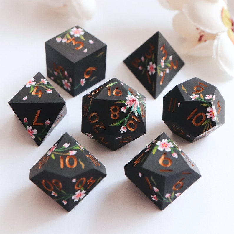 Baroque Blossoms - sakura blossoms dice - hand-painted, handmade resin sharp edge dice set for DnD, D&D, Dungeons and Dragons, RPG dice 