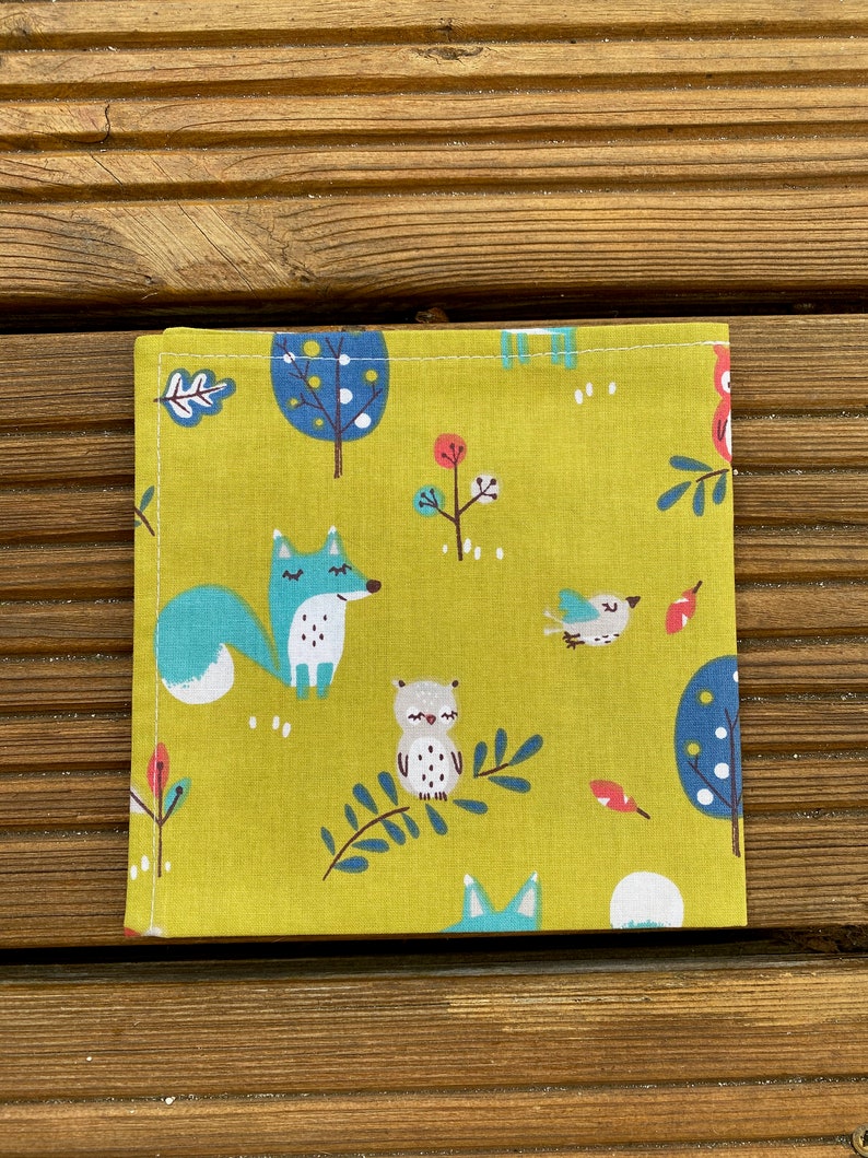 Napkin lined in children's pattern fabric Renard Hiboux Vert