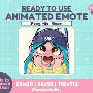 May include: Animated emote featuring a cartoon character with blue hair, wearing a blue and white beanie with a pink cat ear headband, a pink shirt, and a yellow sweater. The character has a surprised expression with their mouth open and drool coming out. The text "READY TO USE ANIMATED EMOTE" is at the top of the image, and the text "Feng Min - Gasm" is below the character. The text "28x28 | 56x56 | 112x112" is at the bottom of the image, along with the text "@majickstudios".