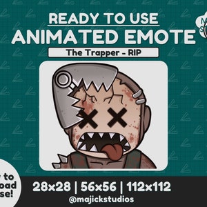 May include: Animated emote of The Trapper from Dead by Daylight. The character is a zombie with a bear trap on his head. The emote is available in three sizes: 28x28, 56x56, and 112x112 pixels. The text "READY TO USE ANIMATED EMOTE" and "The Trapper - RIP" is displayed above the character. The text "28x28 | 56x56 | 112x112" and "@majickstudios" is displayed below the character.