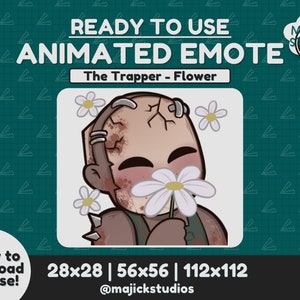 May include: Animated emote of The Trapper from Dead by Daylight, a horror video game. The Trapper is a character with a cracked, bloody face, and he is holding a white flower. The text "READY TO USE ANIMATED EMOTE The Trapper - Flower" is at the top of the image. The text "28x28 | 56x56 | 112x112 @majickstudios" is at the bottom of the image.