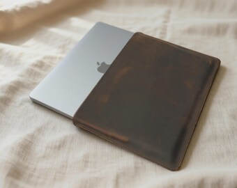 Leather MacBook Sleeve, Handmade Laptop Case for MacBook Air 13" & 15" and MacBook Pro 14", Full Grain Crazy Horse Leather, Distressed Brown