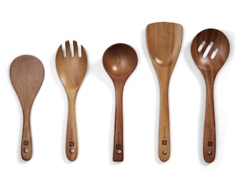 Acacia Wood Kitchen Utensil Set, Handmade Vietnamese Cooking Spoons, 5 Piece
