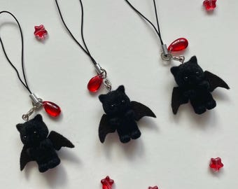 Handmade Fuzzy Bat Phone Charm | kawaii, bag, flocked cat, fairycore, cute, Y2k, switch, gothic, emo, horror, stocking filler