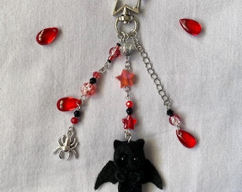 Handmade Fuzzy Bat keychain | kawaii, bag, flocked cat, pastel, fairycore, cute, Y2k, key, gothic, emo, horror, stocking filler