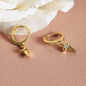 Gold Starburst Huggie Earrings, Tiny Star Earrings, Star Hoop Earrings, Star Dainty Jewelry, CZ Star Huggies Jewelry, Minimalist Earrings