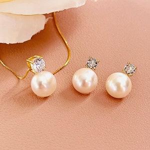 Sterling Silver Drop Pearl Necklace/Earrings, Pearl And CZ Earrings/Necklace Jewelry, CZ Pearl Jewelry, Minimalist Earrings, Bridal Earrings