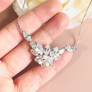 CZ And Pearl Bridal Wedding Necklace, Pearl Bridal Jewelry, Silver Freshwater Pearl CZ Necklace, Bridal Jewelry Accessories
