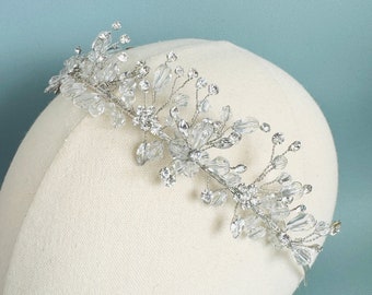 Crystal Flower Wedding Tiara, Bridal Floral Crystal Crown, Wedding Crystal Headband, Rhinestone & Crystal Headpiece, Boho Flower Headband
