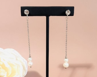 Dainty Round Pearl Double Earrings, Pearl Long Earrings, Pearl Bridal Jewelry, Freshwater Pearl Bridal Jewelry, Pearl Wedding Jewelry