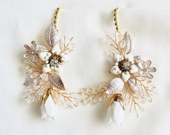 6.5cm Gold Dangle Clay Flower Earrings, Porcelain Flower Earrings, Floral Bridal Earrings, JohnnyB Jewelry Gold CZ Hook-Hoop Flower Earrings