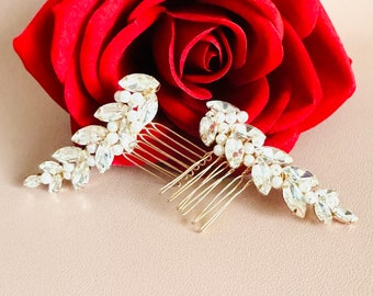 2pcs Set Pearl And Marquise Crystal Bridal Comb, Wedding Crystal Hair Comb, Rhinestone Pearl Comb, Gold Crystal Wedding Hair Piece Comb