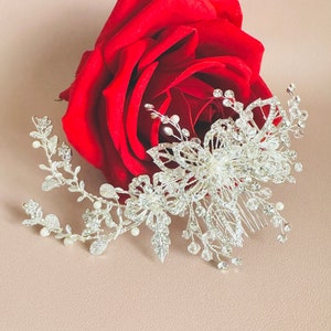 Pearl & Crystal Bridal Hair Comb, Wedding Crystal Headpiece, Pearl Crystal Wedding Comb, Silver Crystal Leaf Hair Comb,Rhinestone Leaf Comb