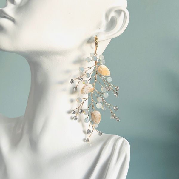 9.5cm Bridal Opal-Clear Chandelier Earrings, Gold Boho Wedding Earrings, Opal Wedding Statement Earrings, Boho Crystal Wire Wrap Earrings