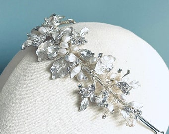 Bandeau de mariée en perles argentées et cristal, diadème en strass de perles d'eau douce, diadème de mariage en perles, couronne de mariée en perles, postiche de mariage en perles