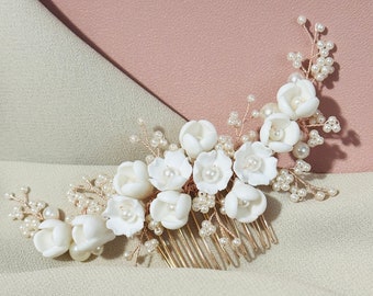 Custom Design White Flower Pearl Hair Comb, Porcelain Flower Headpiece, White Floral Blossom Pearl Hair Comb, Delicate Clay Bridal Headpiece