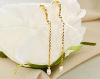 Pendants d'oreilles avec perles d'eau douce, pendants délicats, pendants d'oreilles avec chaîne de perles, Bijoux de mariée en perles, Bijoux pendants de perles d'eau douce de 4-5 mm