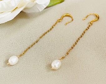 Dainty Pearl Drop Chain Earrings, Drop Chain Bridal Earrings, Pearl Drop Chain Earrings, Bridal Pearl Jewelry, Freshwater Pearl Drop Jewelry