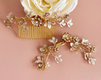 Gold Flower Hair Clip/Comb, Gold Leaf Hairpiece, Customize Flower Hair Comb, Gold Wedding Floral Hair Clip, Boho Style Gold Hairpiece