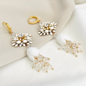 8.5 Gold White Flower Clay Earrings, Bridal Floral Hoop Earrings, Wedding Flower Earrings, Dainty Flower Bridal Earrings, JohnnyBJewelryInc