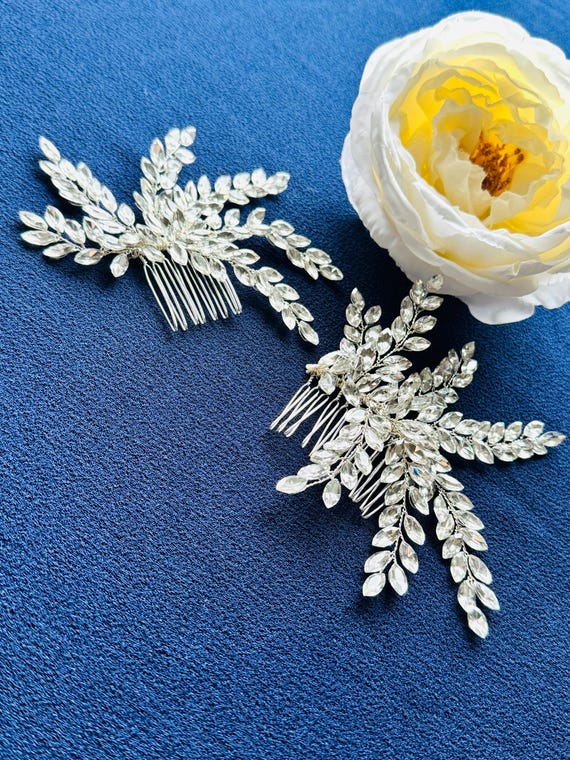 Crystal Leaf Bridal Hair Comb: Silver Rhinestone Wedding  display picture 2