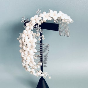 Double Clay Flower Wedding Headpiece, Floral Wedding Headband, Double Silver Wedding Flower Hair Comb, Wedding Gift For Bride