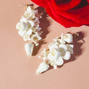 7.5cm Gold White Clay Earrings, Handmade & Custom Earrings, Bridal Floral Earrings, Chandelier Earrings, Wedding Clay Flower Jewelry image 4
