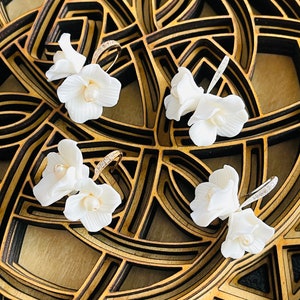 Double Ceramic Clay Flower Earrings, Flower Bridal Fish Hook Earrings, Freshwater Clay Floral Earrings, Gold-Silver White Clay Flower Jewel