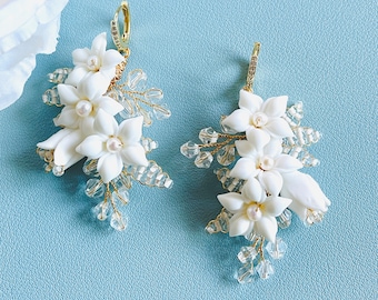 Gold Floral Statement Earrings, Bridal Clay Flower Earrings, White Clay Drop Earrings, Polymer Clay Flower Jewelry, Floral Clay Jewelry