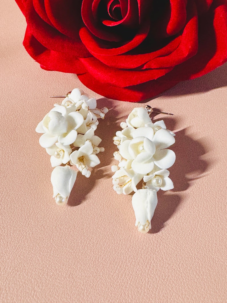 7.5cm Gold White Clay Earrings, Handmade & Custom Earrings, Bridal Floral Earrings, Chandelier Earrings, Wedding Clay Flower Jewelry image 5