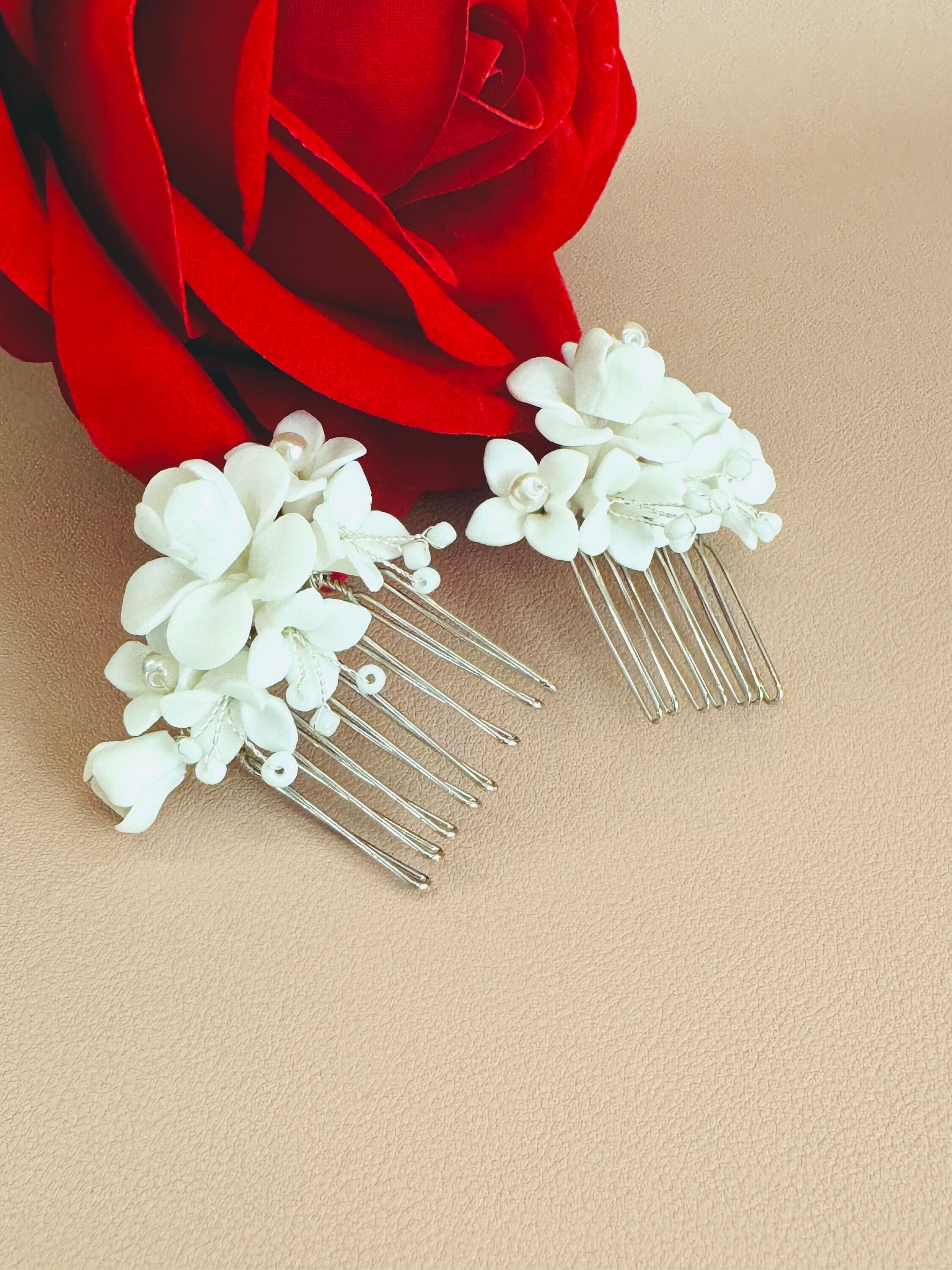 2pcs Set Bridal Clay Hair Comb, Left and Right White Clay  display picture 3