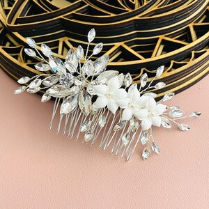 Silver Crystal & Clay Bridal Comb, Marquise Crystal Floral Comb, Crystal Bridal Headpiece, Lightweight Rhinestone Comb, Flower Crystal Comb