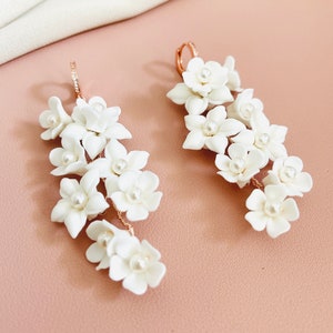 White Flower Clay Earrings, Bridal Floral Hoop Earrings, Wedding Flower CZ Earrings, Floral Clay Jewelry, Polymer Clay Flower Earrings