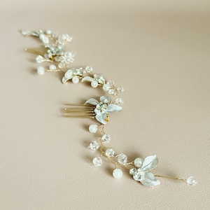 Goldperle und Blätter Kopfschmuck, Kristallblumenranke, Boho Tropical Hochzeit Accessoire, Prinzessin Perle Blumenhaarranke, Blumenhaarranke