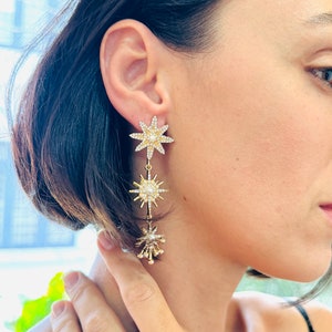 Star Bridal Earrings, Gold And Silver Starburst Earrings, Celestial Shooting Star Bridal Earrings, Triple Gold Starburst Statement Earrings