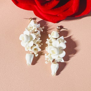 7.5cm Gold White Clay Earrings, Handmade & Custom Earrings, Bridal Floral Earrings, Chandelier Earrings, Wedding Clay Flower Jewelry image 7