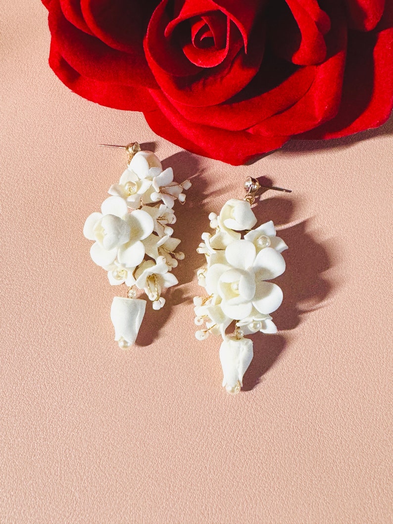 7.5cm Gold White Clay Earrings, Handmade & Custom Earrings, Bridal Floral Earrings, Chandelier Earrings, Wedding Clay Flower Jewelry image 7