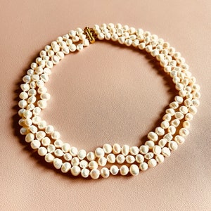 Three Strand White Pearl Necklace, 3 Layer Bridal Pearl Jewelry, White Pearl Necklace, Sterling Silver White Baroque 3 Strand Necklace