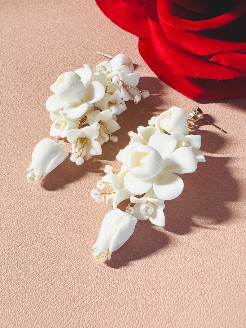 7.5cm Gold White Clay Earrings, Handmade & Custom Earrings, Bridal Floral Earrings, Chandelier Earrings, Wedding Clay Flower Jewelry image 3