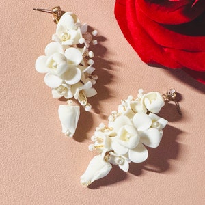 7.5cm Gold White Clay Earrings, Handmade & Custom Earrings, Bridal Floral Earrings, Chandelier Earrings, Wedding Clay Flower Jewelry image 6