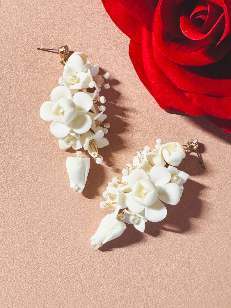 7.5cm Gold White Clay Earrings, Handmade & Custom Earrings, Bridal Floral Earrings, Chandelier Earrings, Wedding Clay Flower Jewelry image 6