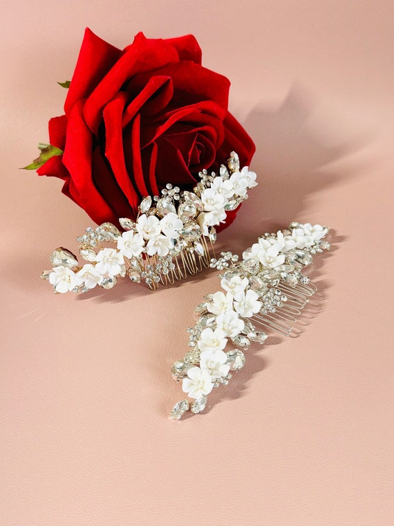 NEW 2pcs bride clay headpeice wedding hair Comb Floral bridal Floral Bridal Hair Comb: Clay Flowers, Gold Wire Wedding  main image 3